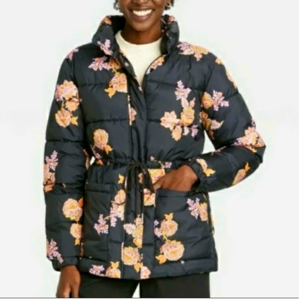 Who What Wear Black Floral Print Women’s Puffer Jacket Sz L